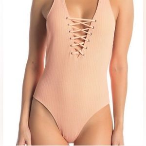 Free Press Gigi Ribbed Lace-Up One-Piece Swimsuit- Coral size XS